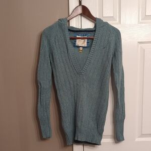 Y2K Women's American Eagle Outfitters Bluish Green V-Neck Hooded Sweater Bella